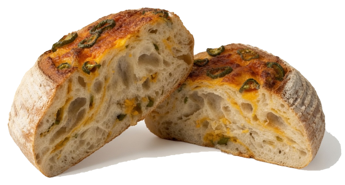 A jalapeño cheddar sourdough loaf from Grain & Gather Bakehouse, halved to show the cheesy interior