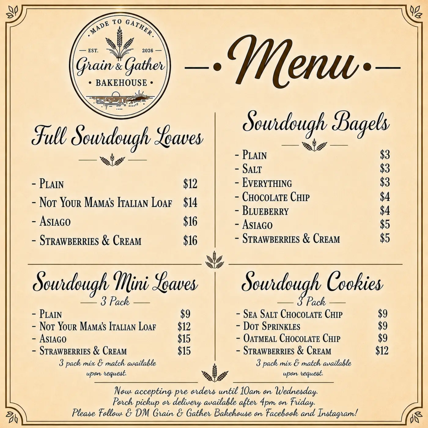 Printed Grain and Gather Bakehouse menu board