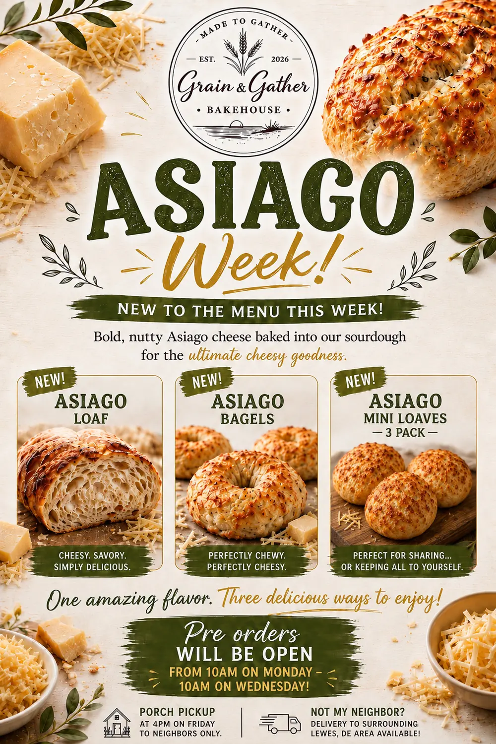 Asiago Week flyer — asiago loaves, bagels, and mini loaves