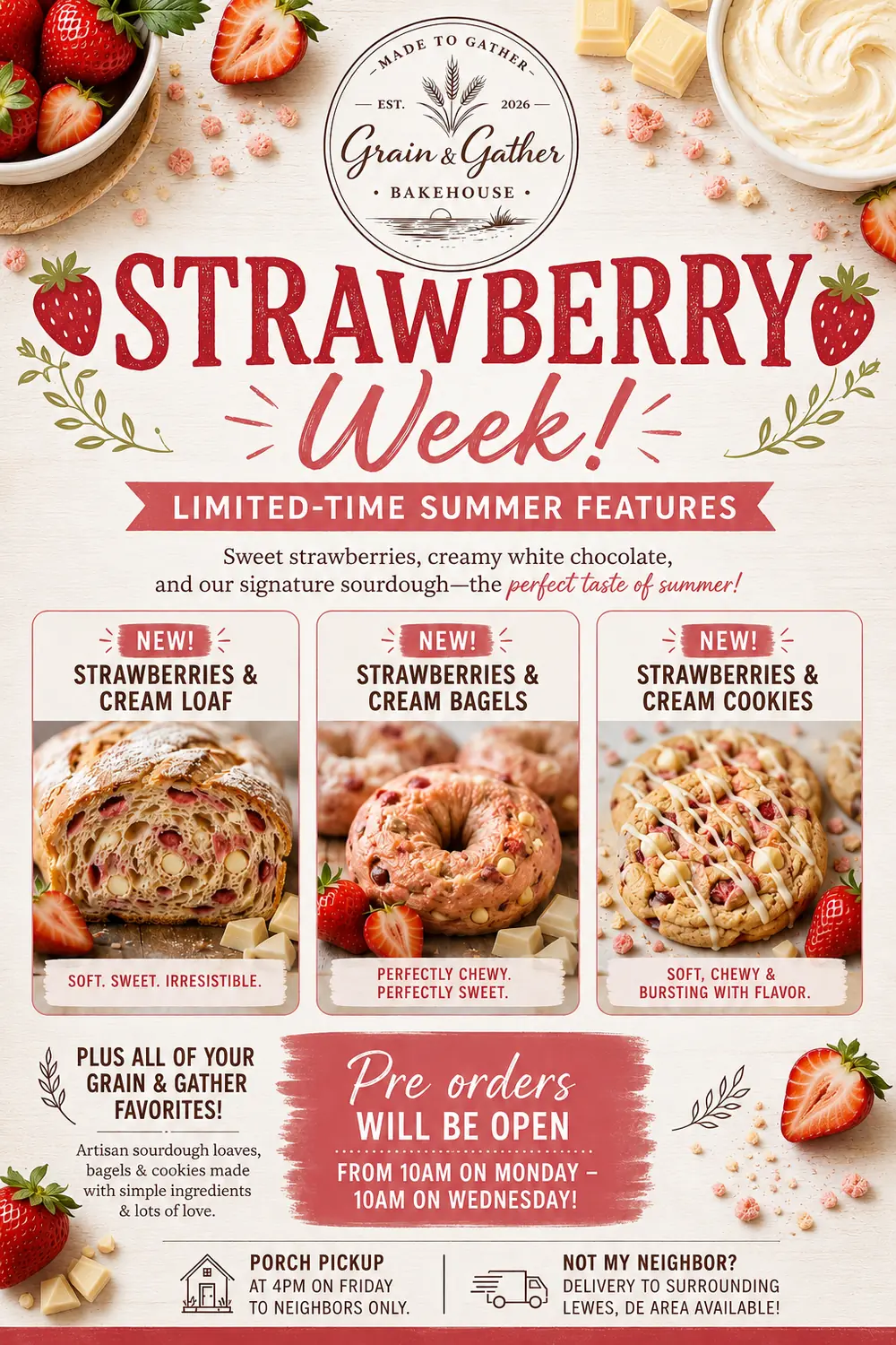 Strawberry Week flyer — strawberries and cream loaves, bagels, and cookies